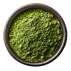 Matcha green tea powder in ceramic bowl isolated on transparent background