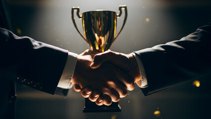 Two people shake hands while holding trophy on stage with cinematic spotlight and confetti.