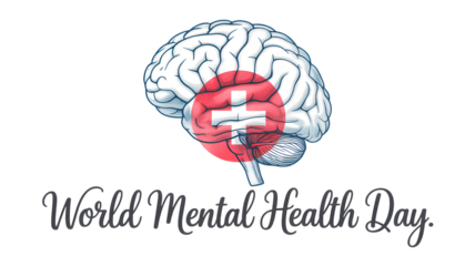 Illustration of a human brain with a red circle and white cross symbol representing mental health awareness and support isolated on transparent background