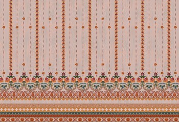 Traditional Floral Textile with Vertical Motifs and Ornamental Border in Red, Orange, and Green