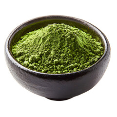 Matcha green tea powder in ceramic bowl isolated on transparent background