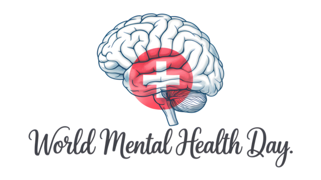 Illustration of a human brain with a red circle and white cross symbol representing mental health awareness and support isolated on transparent background