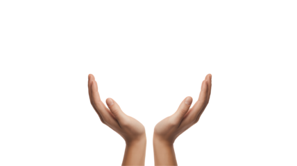 Two open human hands gently cupped upwards in a gesture of offering support or receiving something precious isolated on transparent background