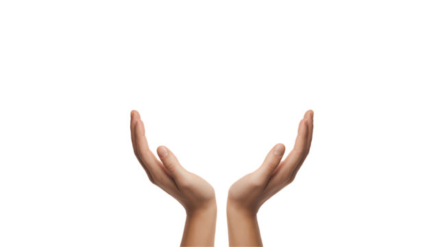 Two open human hands gently cupped upwards in a gesture of offering support or receiving something precious isolated on transparent background