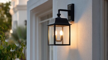 Illuminated outdoor light fixture attached to textured building, adjacent to window and foliage