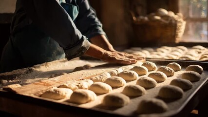Medium shot of a food artisan checking the consistency of pita dough bubbles forming evenly preparing for the oven in a rustic bakery.
