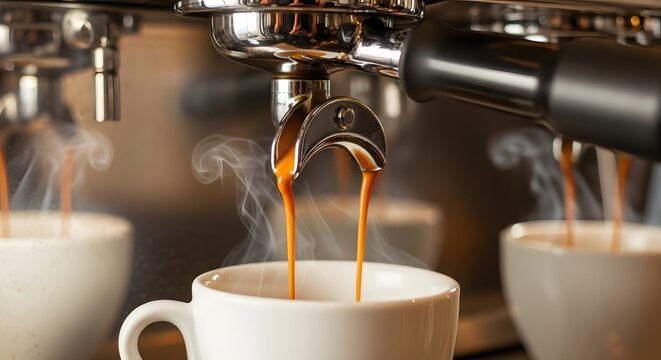 Hot espresso coffee pouring from a professional machine's portafilter into a white cup with steam rising.