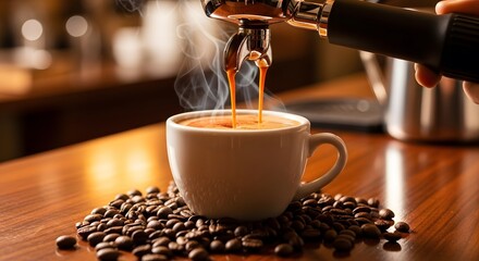 Hot espresso coffee streaming from a professional machine into a steaming white ceramic cup surrounded by roasted beans on a wooden counter, fresh brewing.