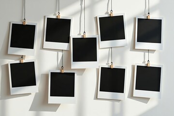 Blank black polaroid photo frames with each secured by small wooden clips on hanging thin strings bathed in dappled light on the white wall