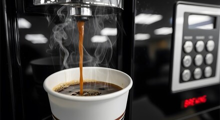 Close-up of hot coffee pouring from an automatic coffee machine into a disposable white cup with steam rising, displaying "BREWING".