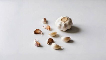 Garlic bulb and cloves arranged on a clean white surface in natural light