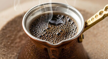 Authentic hot Turkish coffee with rich crema and steam in a traditional copper cezve