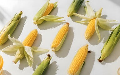 Overhead View of Freshly Harvested Corn on White Surface with Shadows