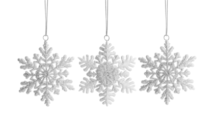 Trio of Glittering Silver Snowflakes isolated on transparent background