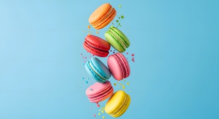 Stack of Colorful Macarons Falling with Crumbs on Light Blue Background