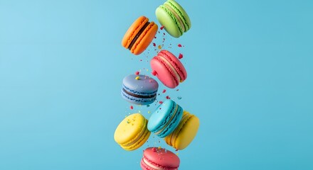 Colorful Macarons Falling with Sprinkles on a Light Blue Background