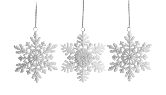 Trio of Glittering Silver Snowflakes isolated on transparent background