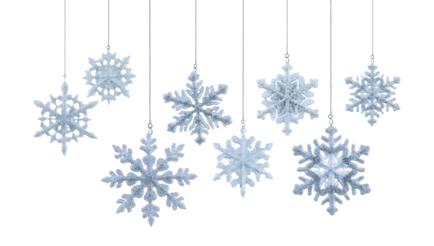 Glittering Hanging Snowflakes Christmas Decorations isolated on transparent background
