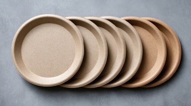 Six round, shallow plates in shades of tan and brown arrayed on a textured gray surface