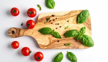 Fresh Cherry Tomatoes and Basil Leaves Artistically Arranged on a Wooden Cutting Board with Peppercorns Against a White Background