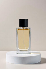 Luxurious clear glass perfume bottle with a sleek black cap containing golden fragrance liquid, presented on a white minimalist pedestal in a bright studio setting.