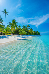 Beautiful Panorama. Tranquil closeup calm sea water waves with palm trees.Tropical island beach landscape exotic shore coast.  Summer vacation, holiday amazing nature. Relax paradise, Maldives.