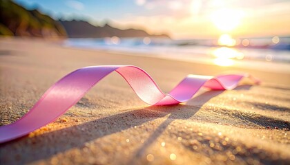 Golden Hour Beach Photo With Palm Trees Casting Long Shadows On White Sand And A Pink Ribbon In The Foreground
