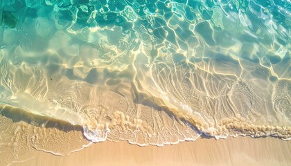 Gentle Ocean Waves Lap on a Sandy Shoreline Under Soft Golden Sunset Light Creating Rippling Reflections on Clear Turquoise Water