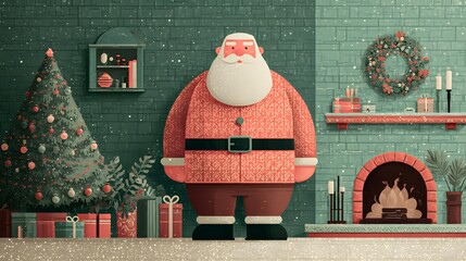 Festive holiday scene featuring a jovial figure standing indoors amidst seasonal decorations