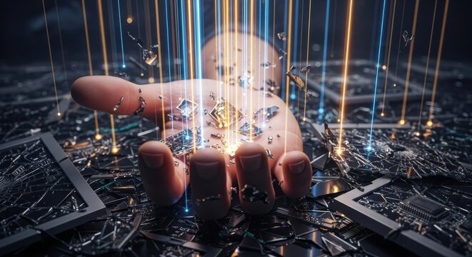 Powerful data from hand with shimmering circuitry and light trails conveying innovation and transformation technology energy and digital connectivity in a futuristic scene
