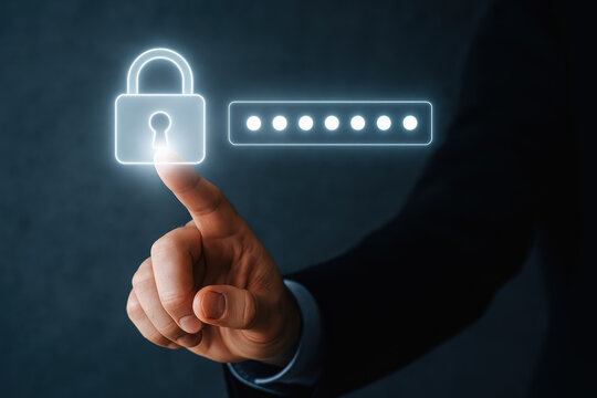 Security focus on unlocking data protection with a digital padlock and password bar illustrating cybersecurity and safe access