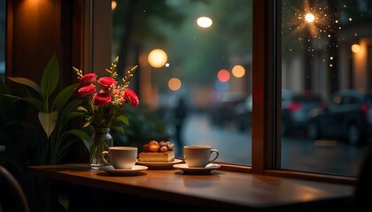 Enjoy a cozy cafe moment with fresh roses, delicious cake, and steaming coffee on a rainy day, perfect for intimate gatherings and relaxed conversations