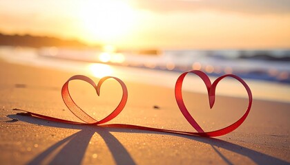 Golden Sunset Beach With Pastel Sky Hues Reflecting On Calm Ocean Surface And Two Red Ribbon Hearts On Sand With Long Shadows And Warm Sunlight