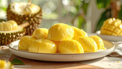 Delicious Mango Sticky Rice Served on a Banana Leaf with Ripe Mangoes and Durian in the Background Bathed in Warm Natural Sunlight