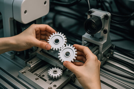 Precision gear inspection and assembly in a mechanical lab showcasing hands handling small gears and a machining setup with linear rails and a camera-like sensor