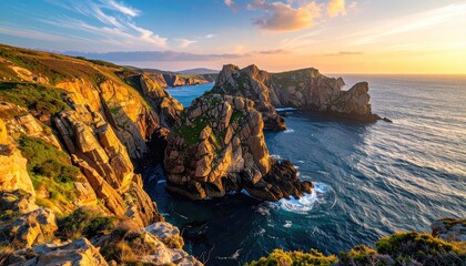 Dramatic Coastal Landscape At Golden Hour With Rugged Cliffs And Azure Ocean Under A Vibrant Sunset Sky