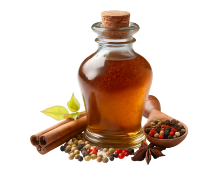Spiced Amber Elixir and Aromatic Ingredients isolated on transparent background