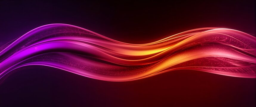 Ethereal ribbon of flowing energy and light, a vibrant abstract wave transitioning from purple to warm orange on a dark background - Powered by Adobe