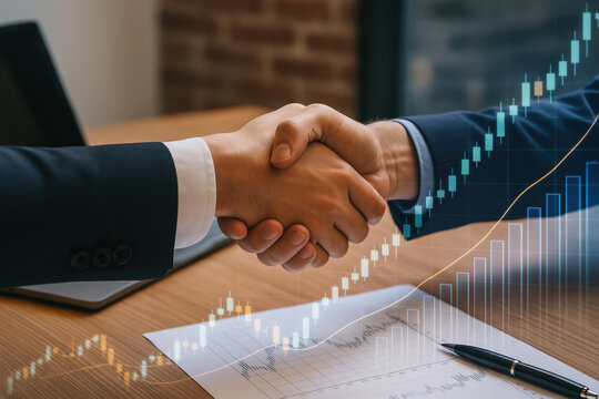 Professional handshake signaling partnership and agreement figures growth and finance visualized with charts and documents on a desk symbolizing business collaboration and success