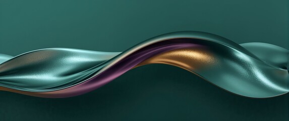 A digital abstract artwork featuring a smooth, flowing wave of iridescent liquid metal with shimmering gold and purple reflections on a dark green surface