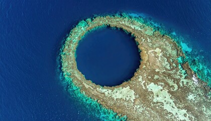 Aerial view of a circular island cove with bright turquoise water and coral reefs below framed by lush green palm fronds in a tropical ocean during daylight