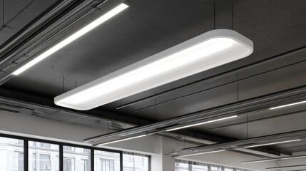 Rectangular white LED light fixture hangs from a high, gray, industrial ceiling