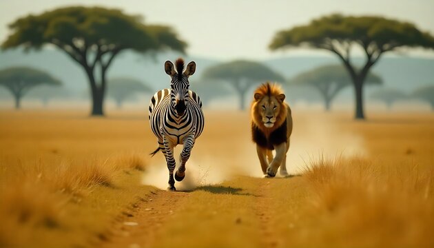 Dramatic African savanna scene with running zebra and approaching lion in golden light makes for powerful wildlife storytelling and adventure themes