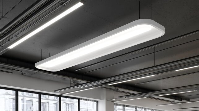 Rectangular white LED light fixture hangs from a high, gray, industrial ceiling - Powered by Adobe