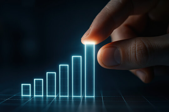 Growth trend shown by a rising bar chart being tapped to rise depicting progress development and business success through data insight and performance lift