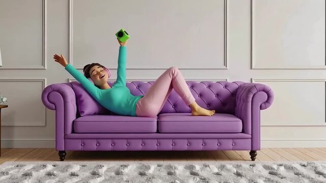 Animated Woman Joyfully Listening to Music on Couch, Dancing with Speaker