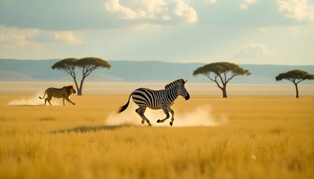 Dynamic zebra gallops across the African savanna with a lion in pursuit near acacia trees, a scene of wildlife survival in the golden light