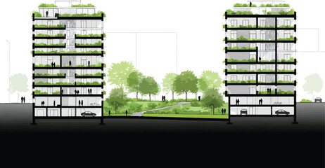 Architectural cross section of modern sustainable buildings with green spaces