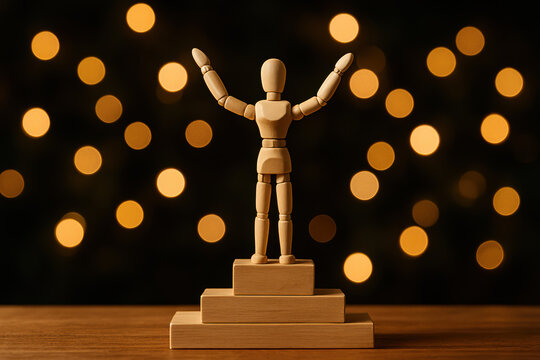 Celebration achievement and leadership with a wooden figure on a podium amid warm bokeh lights conveying success and recognition