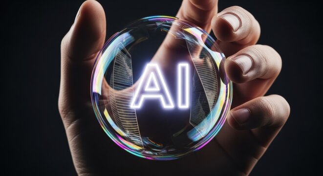 Abstract concept artificial intelligence and innovation driving future technology in a creative bold scene featuring a glowing AI inside a glass sphere held by fingers Symbolic representation - Powered by Adobe